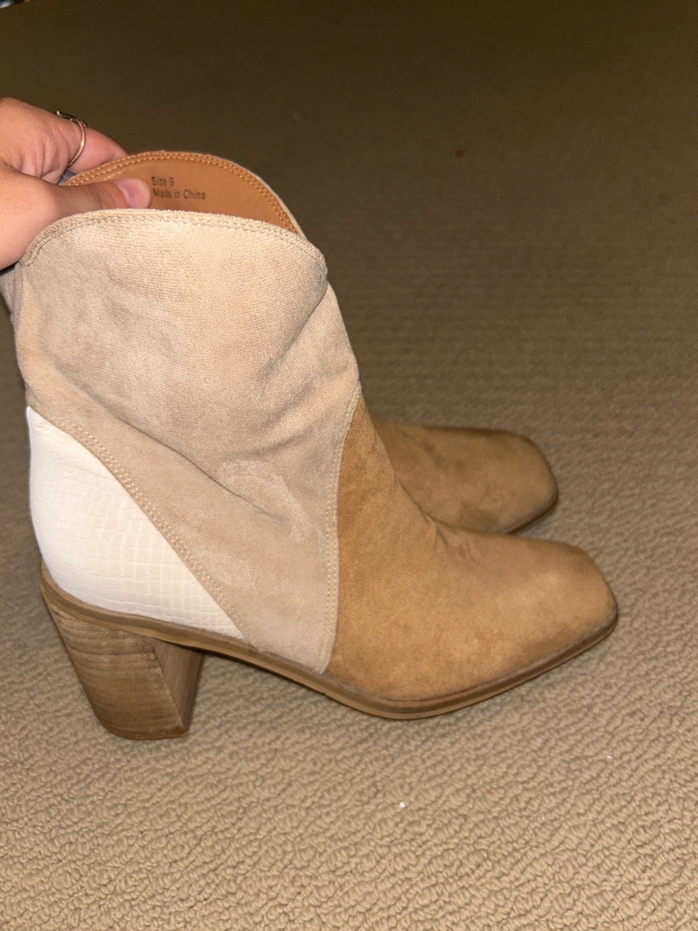 Women's Tan & Cream Suede Block Heel Ankle Boots